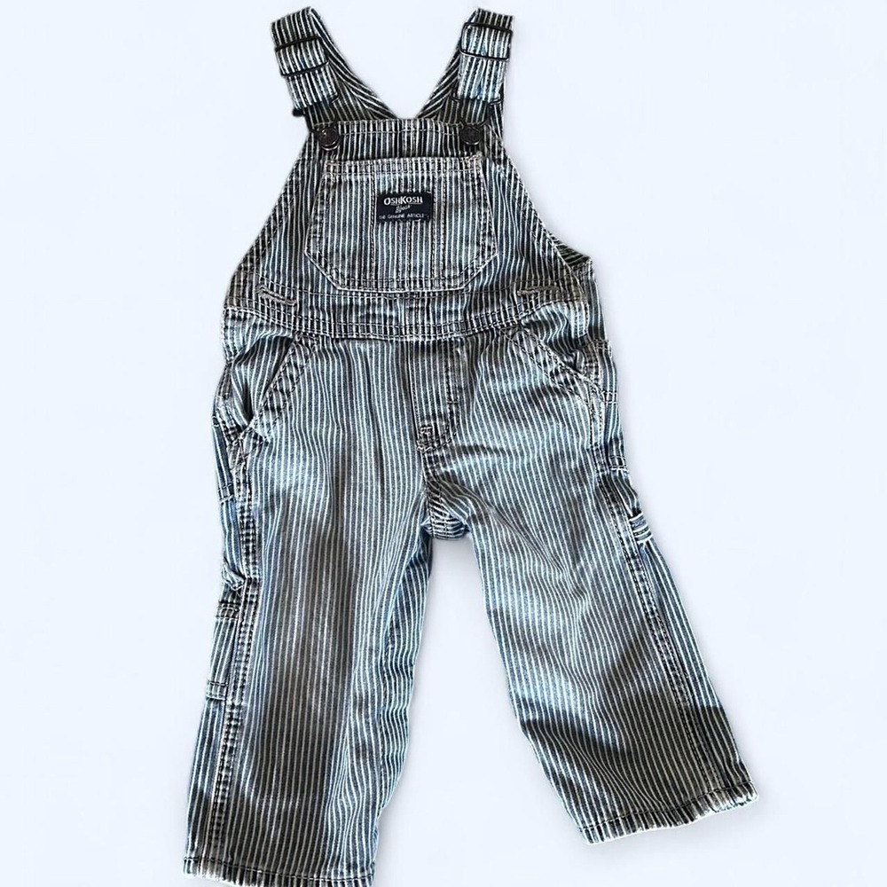 Vintage Oshkosh-b-gosh Blue and grey striped overalls 9 months EUC Free Shipping